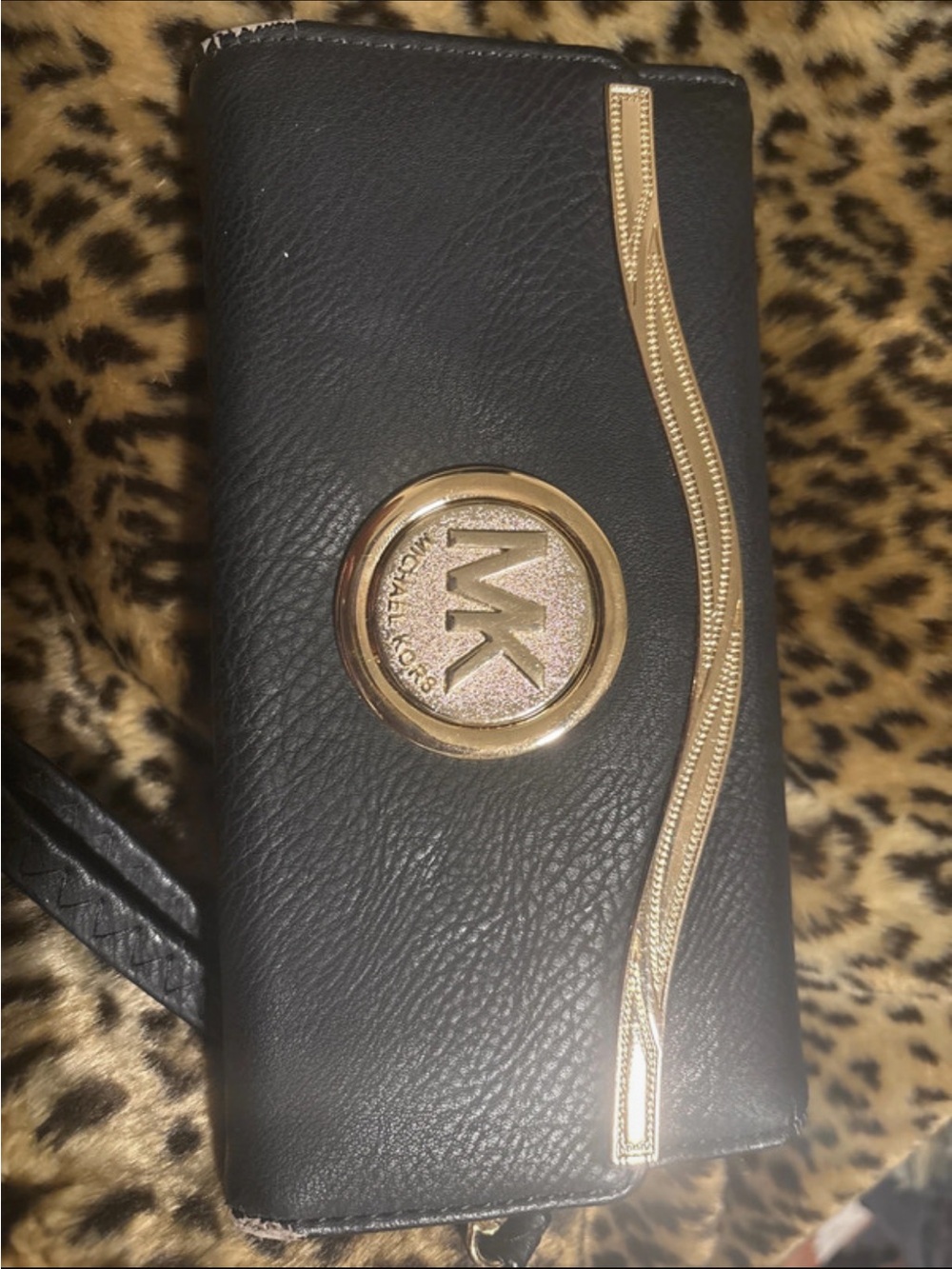 Michael Kors Black Leather Wallet with Gold MK Emblem